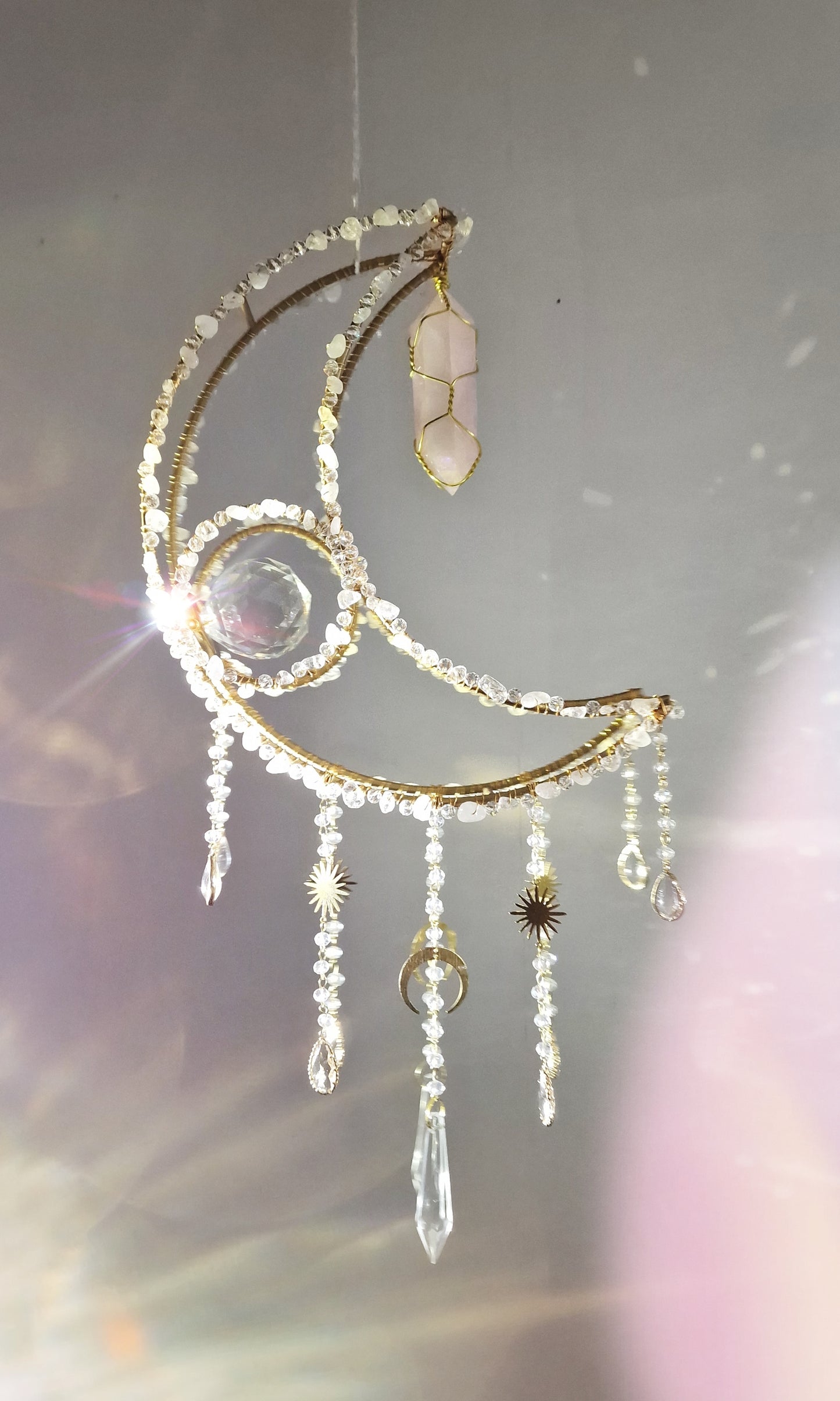 Crescent moon crystal suncatcher with rose quartz and rose aura quartz - Eirwin