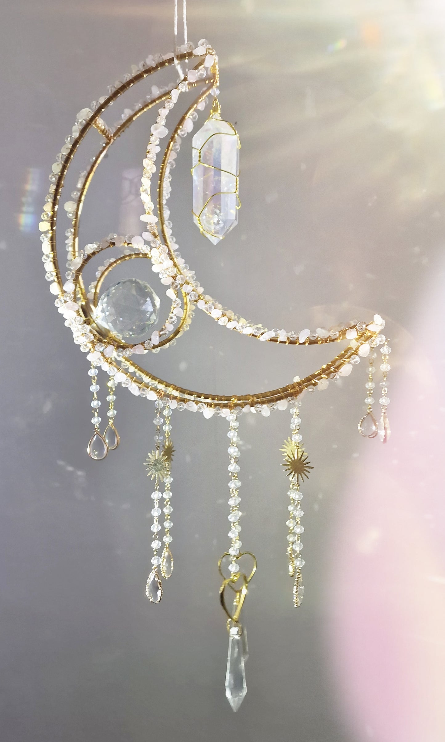 Crescent moon crystal suncatcher with rose quartz and clear aura quartz - Holly