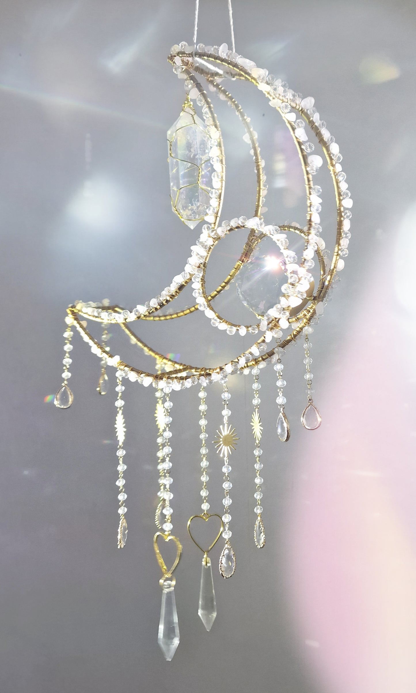 Crescent moon crystal suncatcher with rose quartz and clear aura quartz - Holly