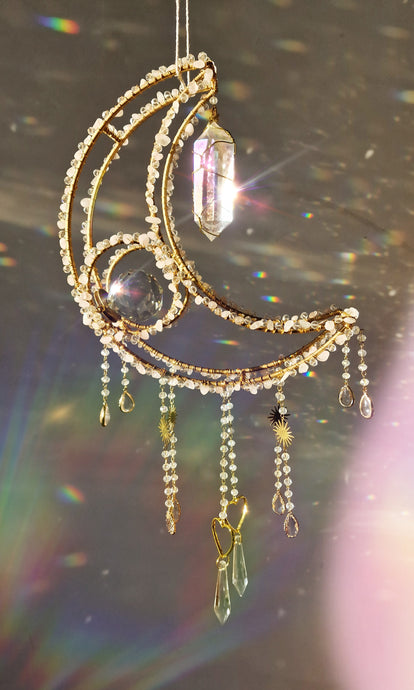 Crescent moon crystal suncatcher with rose quartz and clear aura quartz - Holly