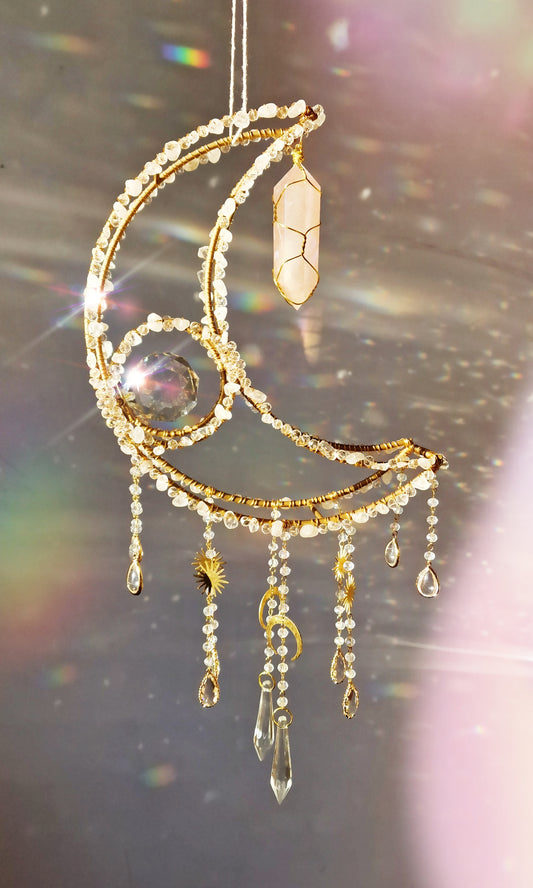 Crescent moon crystal suncatcher with rose quartz and rose aura quartz - Eirwin