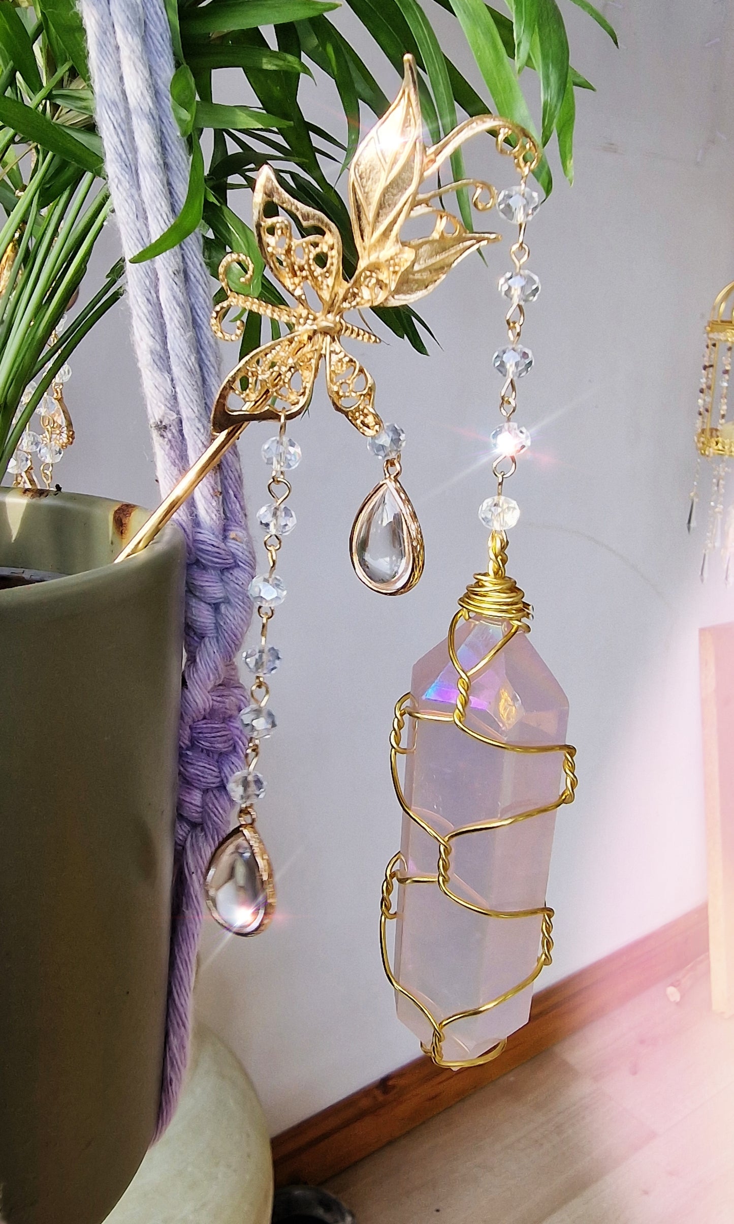 Suncatcher wand rose aura quartz butterfly