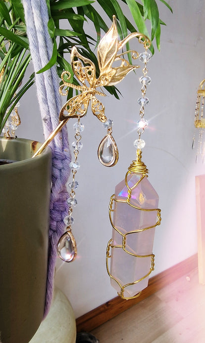 Suncatcher wand rose aura quartz butterfly