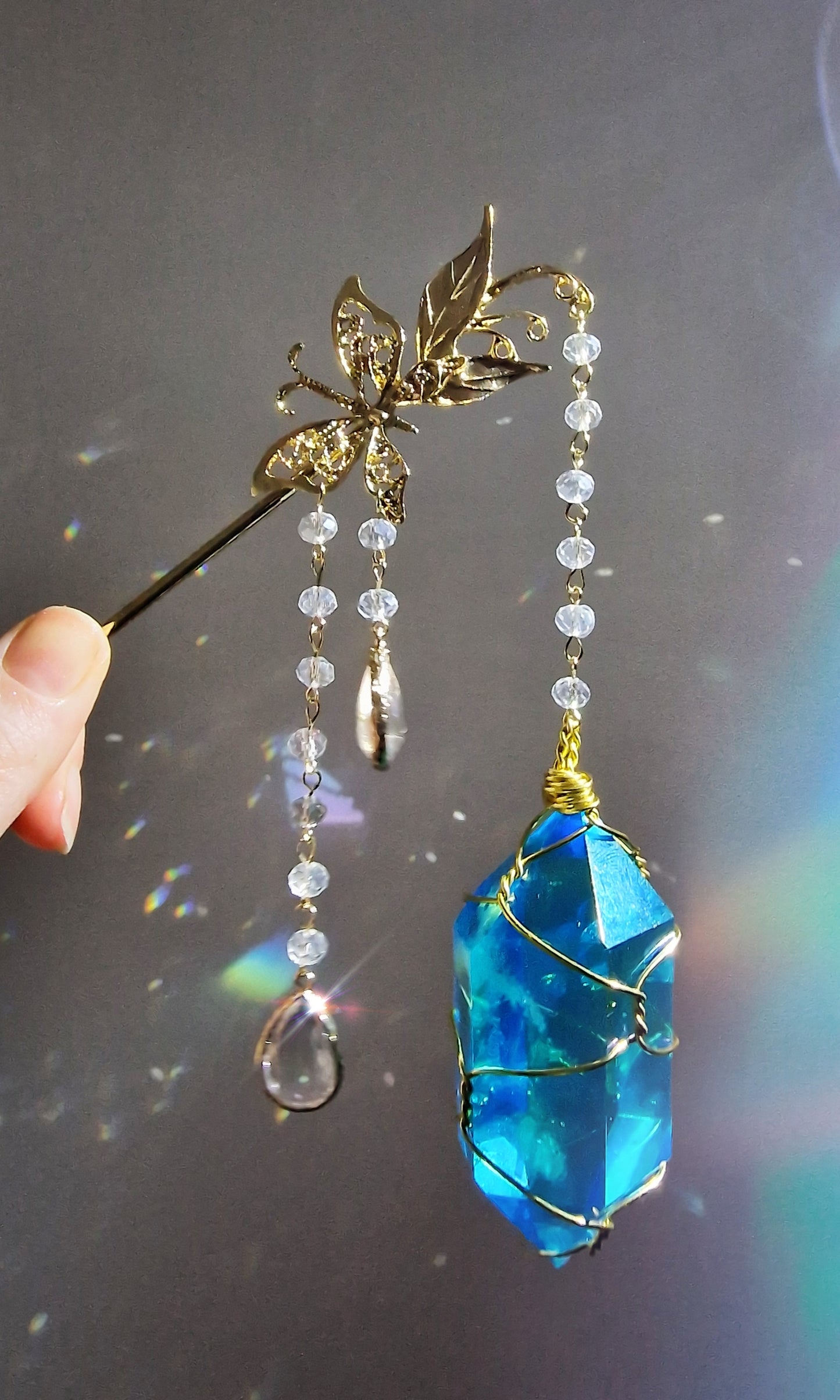 NEW suncatcher wand blue aura quartz butterfly