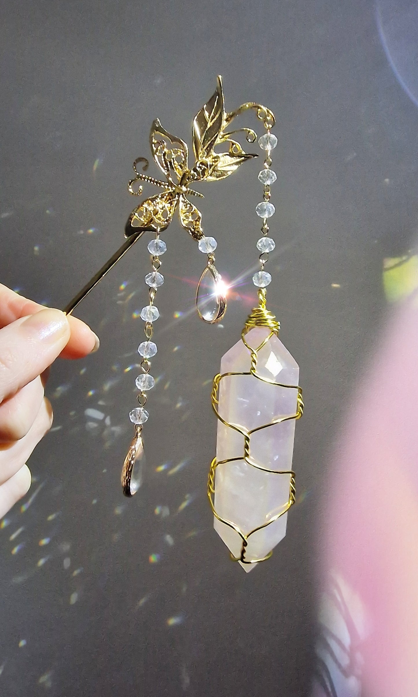 Suncatcher wand rose aura quartz butterfly