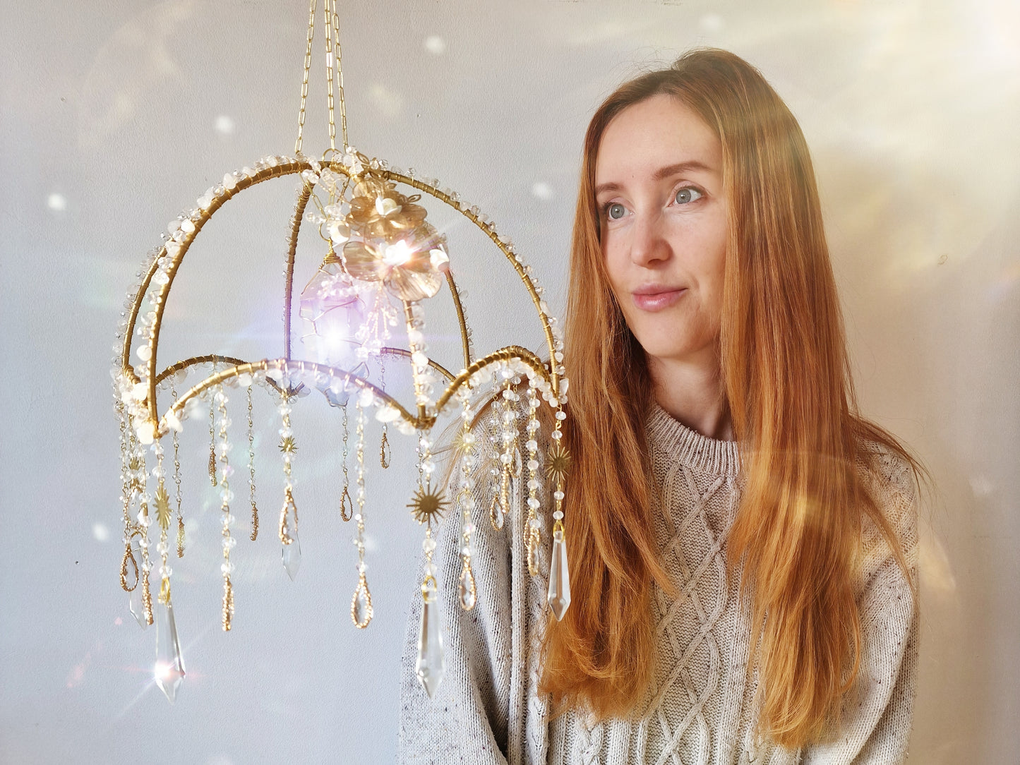 Crystal suncatcher lampshade with clear quartz and aura point crystals - Morning Ember
