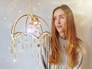 Crystal suncatcher lampshade with clear quartz and aura point crystals - Morning Ember