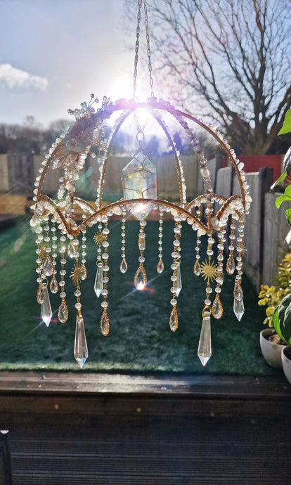 Crystal suncatcher lampshade with clear quartz and aura point crystals - Morning Ember