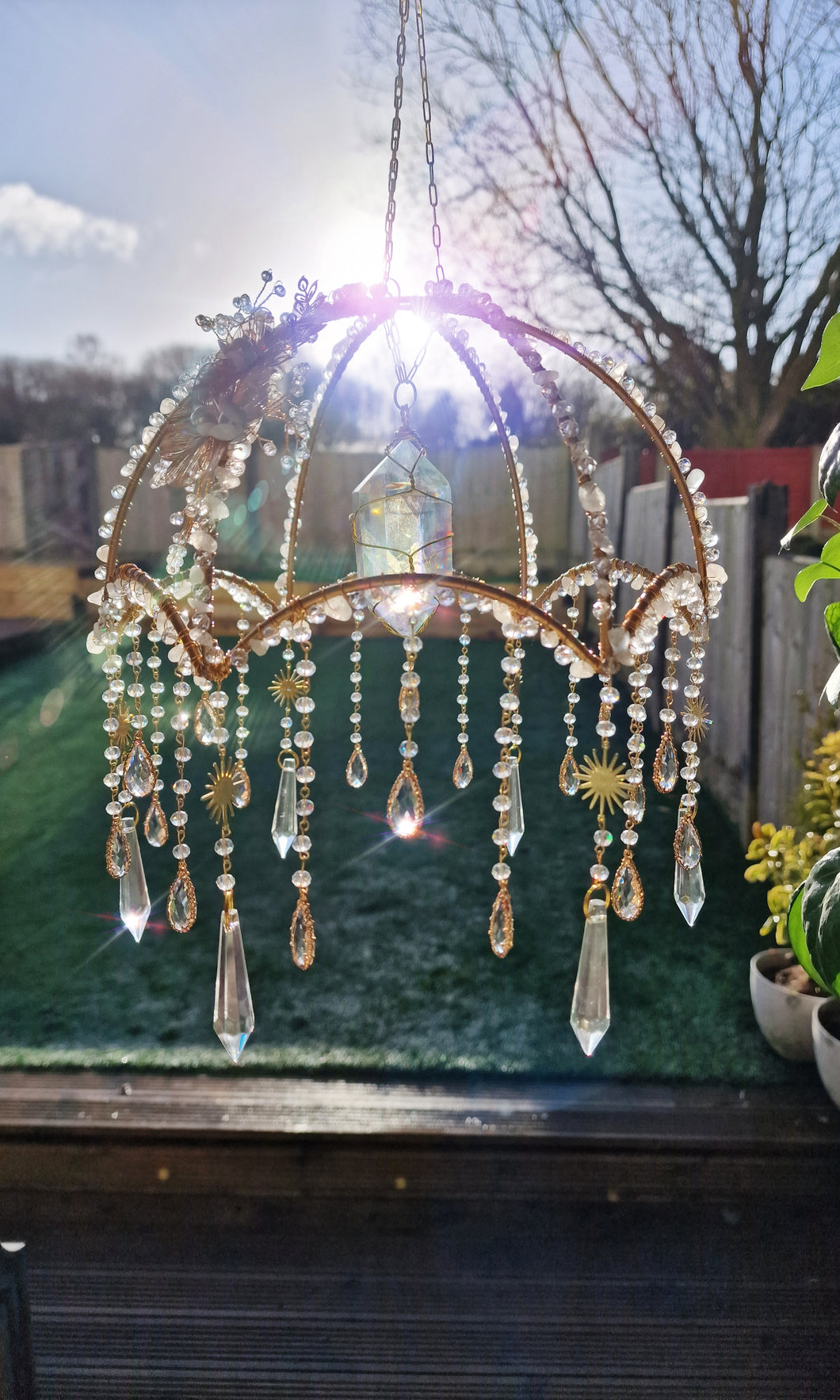 Crystal suncatcher lampshade with clear quartz and aura point crystals - Morning Ember