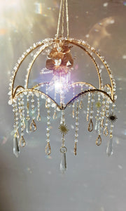 Crystal suncatcher lampshade with clear quartz and aura point crystals - Morning Ember