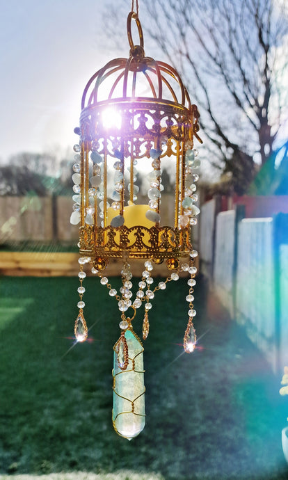 Suncatcher lantern with amethyst and blue aura quartz - Golden glow