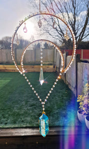 Moon suncatcher Aura quartz and clear quartz chips - Sunlit