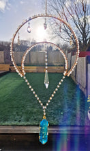 Load image into Gallery viewer, Moon suncatcher Aura quartz and clear quartz chips - Sunlit