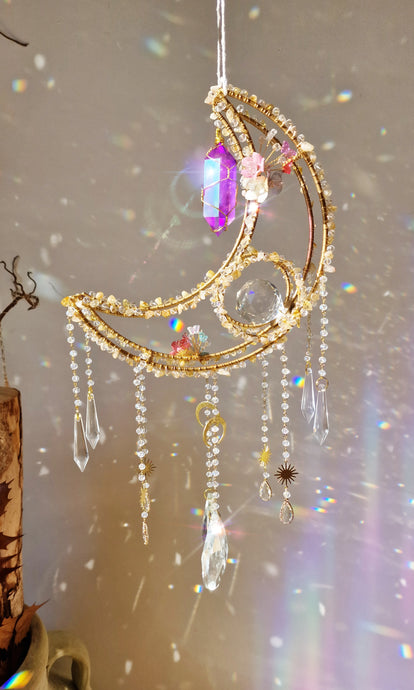 Quill - Crystal Moon Suncatcher with Citrine & Purple Aura Quartz