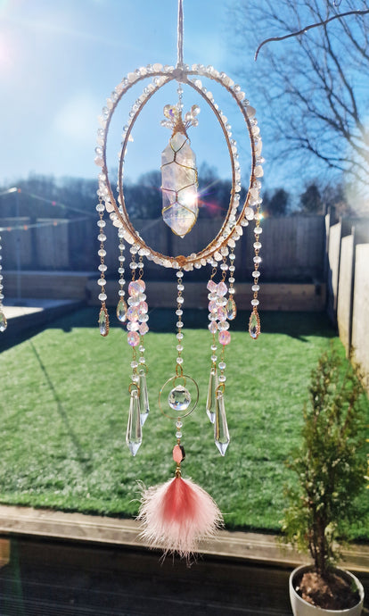 Pink Peacock - Suncatcher with Rose Quartz & Aura Quartz