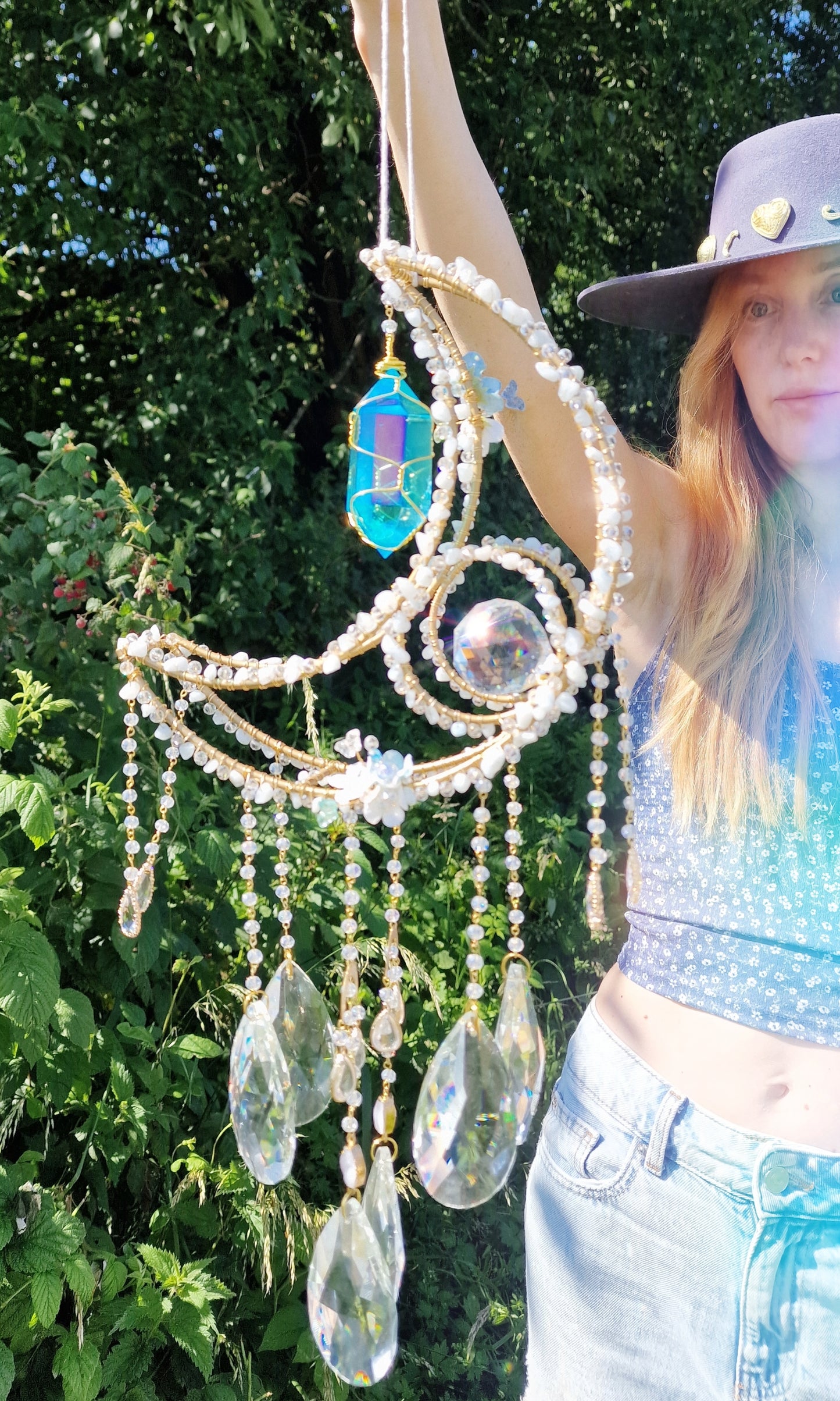 Crystal Moon Suncatcher with Aquamarine & Blue Aura Quartz