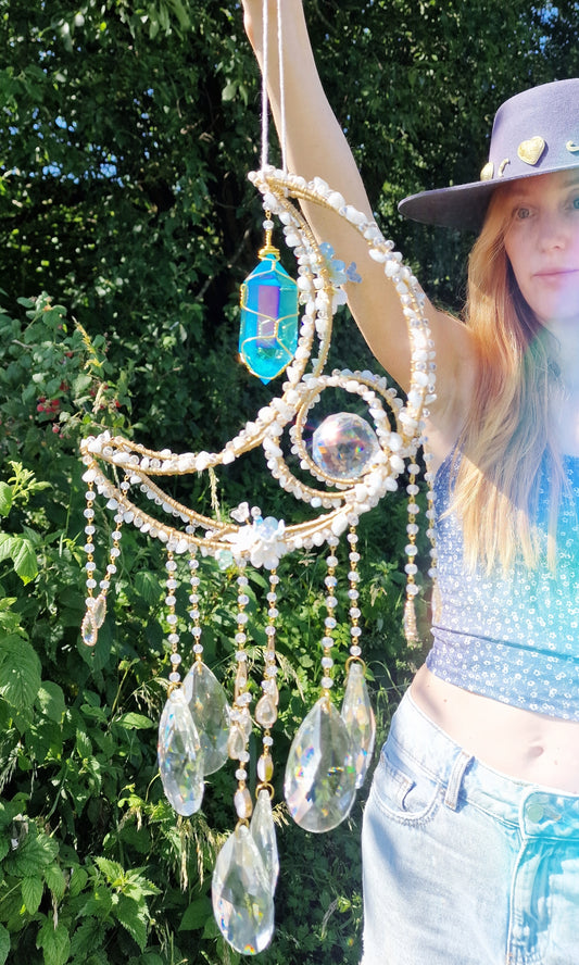 Crystal Moon Suncatcher with Aquamarine & Blue Aura Quartz