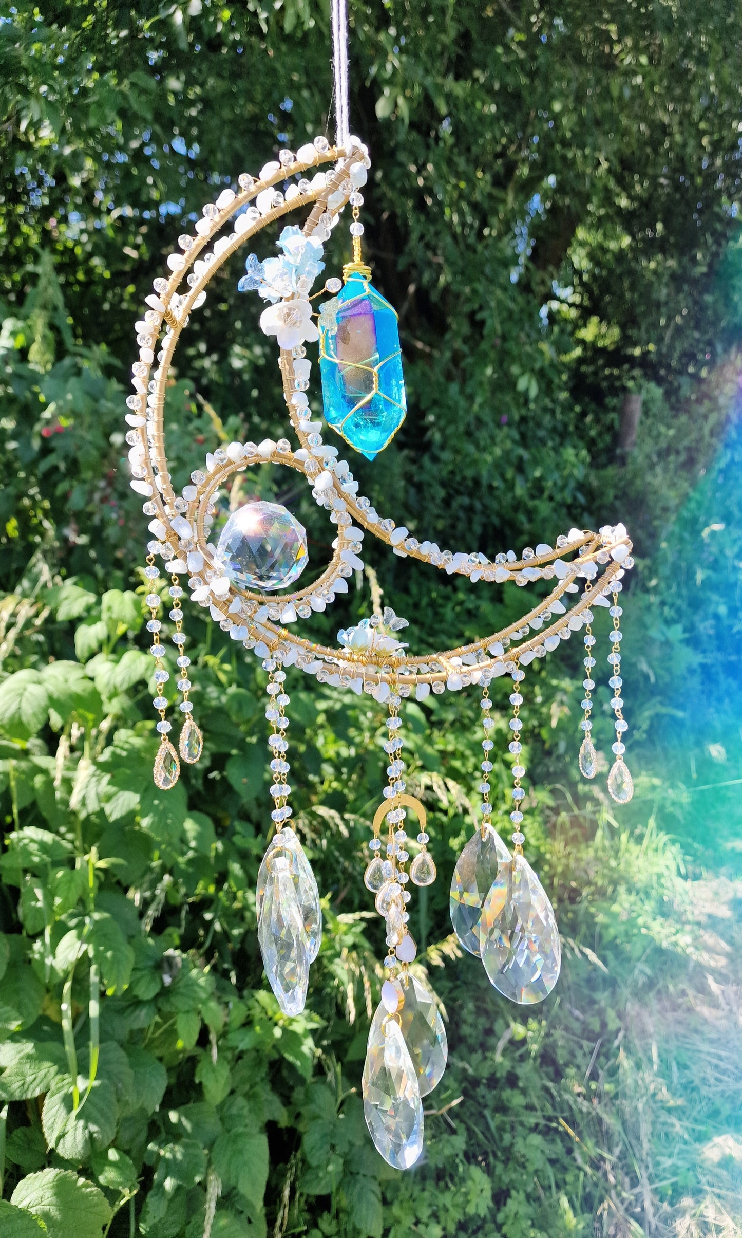 Crystal Moon Suncatcher with Aquamarine & Blue Aura Quartz