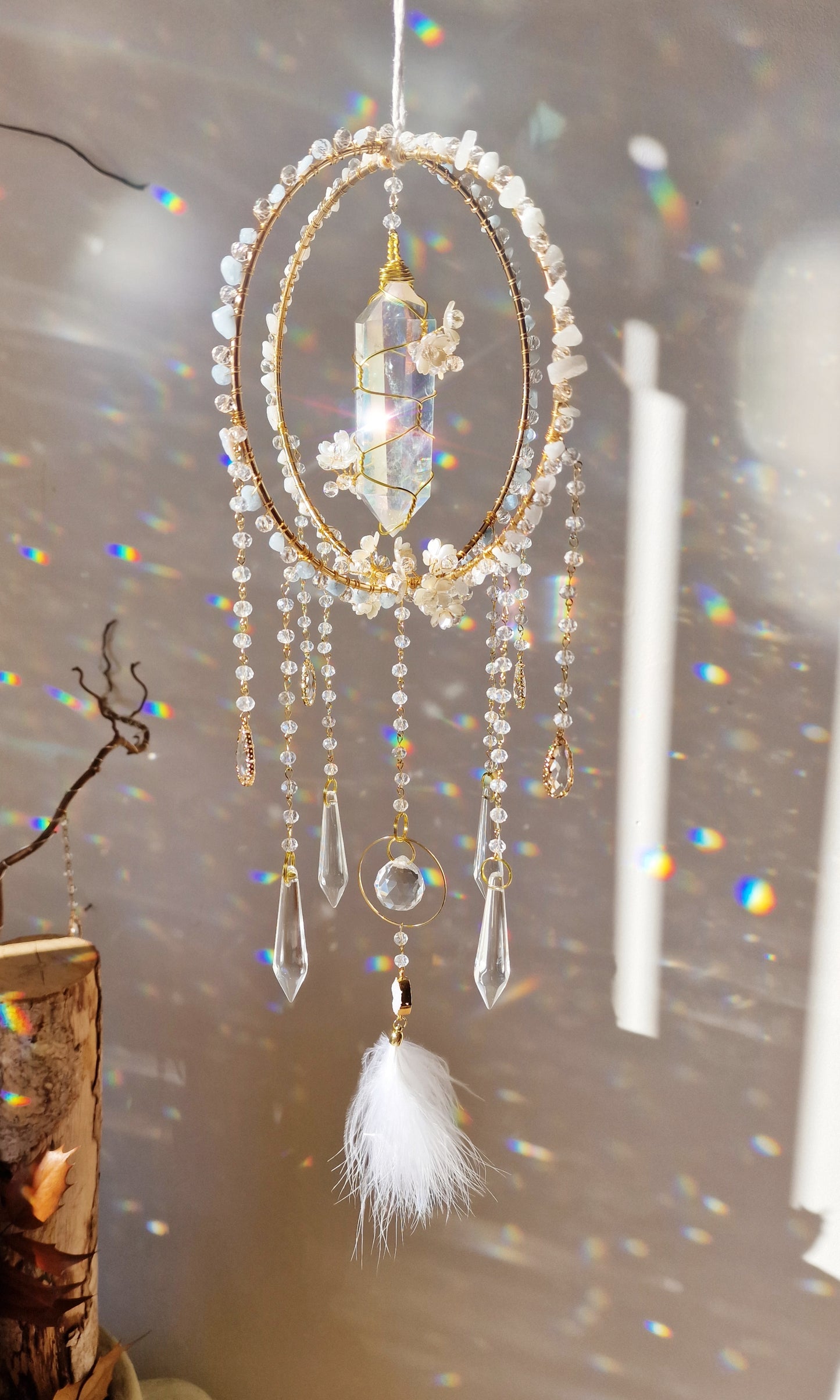 Swan - Crystal Suncatcher with Aquamarine & Aura Quartz