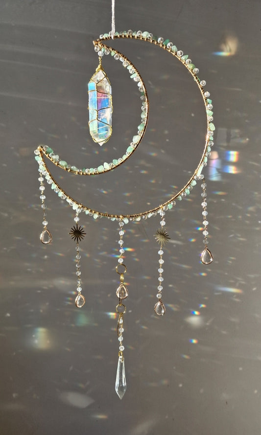 Moon suncatcher with aura quartz and aventurine chips- Hope