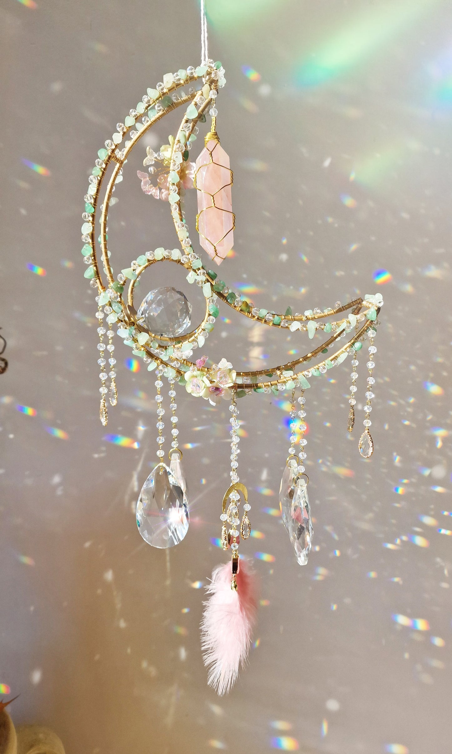 Penna - Crystal Moon Suncatcher with Aventurine & Rose Aura Quartz