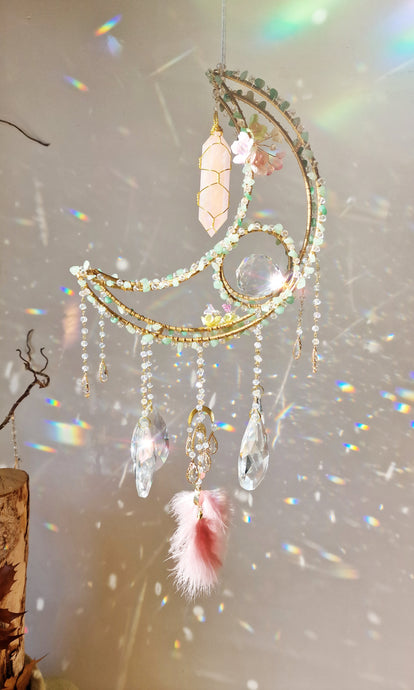 Penna - Crystal Moon Suncatcher with Aventurine & Rose Aura Quartz