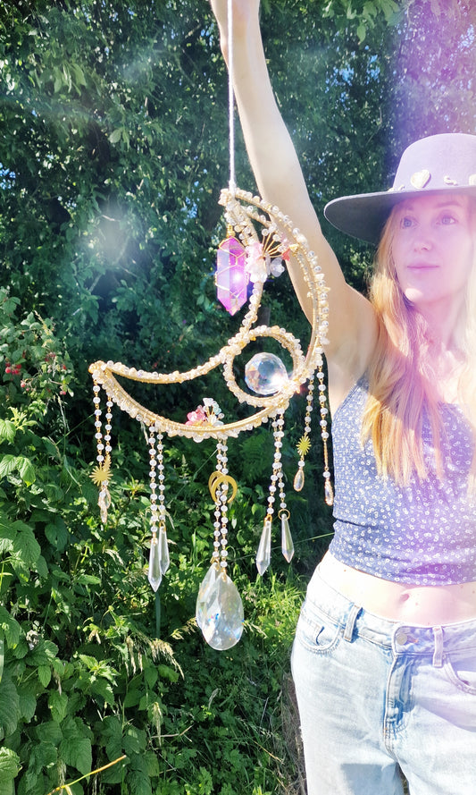 Crystal Moon Suncatcher with Citrine & Purple Aura Quartz