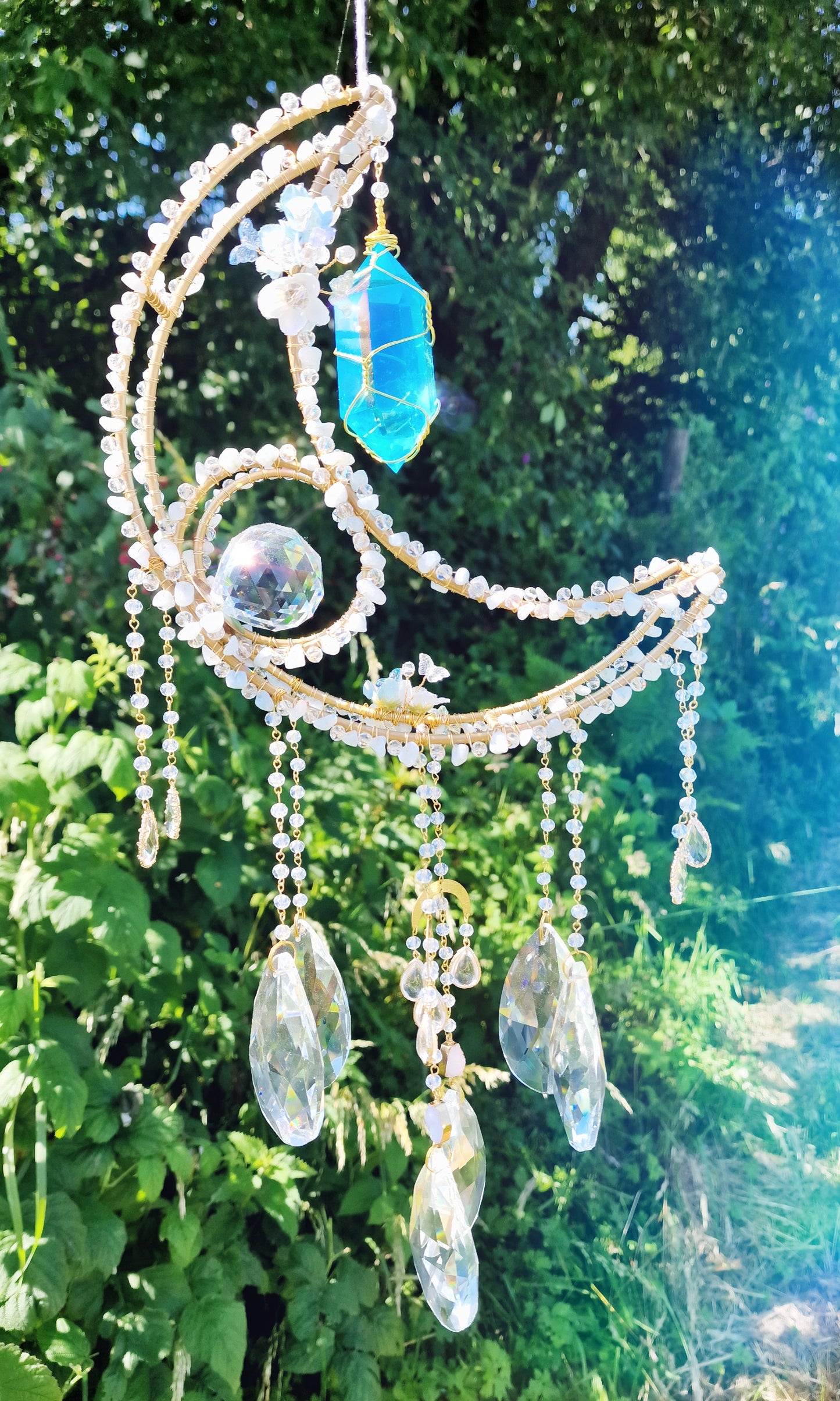 Crystal Moon Suncatcher with Aquamarine & Blue Aura Quartz