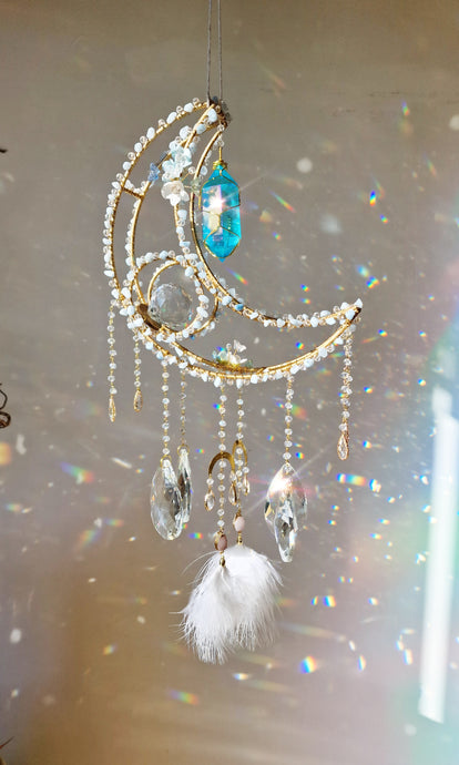 Paloma - Crystal Moon Suncatcher with Aquamarine & Blue Aura Quartz