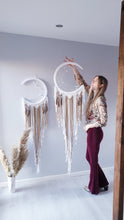 Load image into Gallery viewer, white brown feathered beaded dreamcatcher mooncatcher 