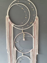 Load image into Gallery viewer, Triple moon catcher. Natural and pink string with rose quartz.