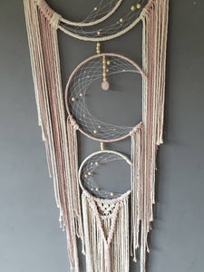 Triple moon catcher. Natural and pink string with rose quartz.