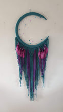 Load image into Gallery viewer, Peacock coloured moon catcher with pretty feathers